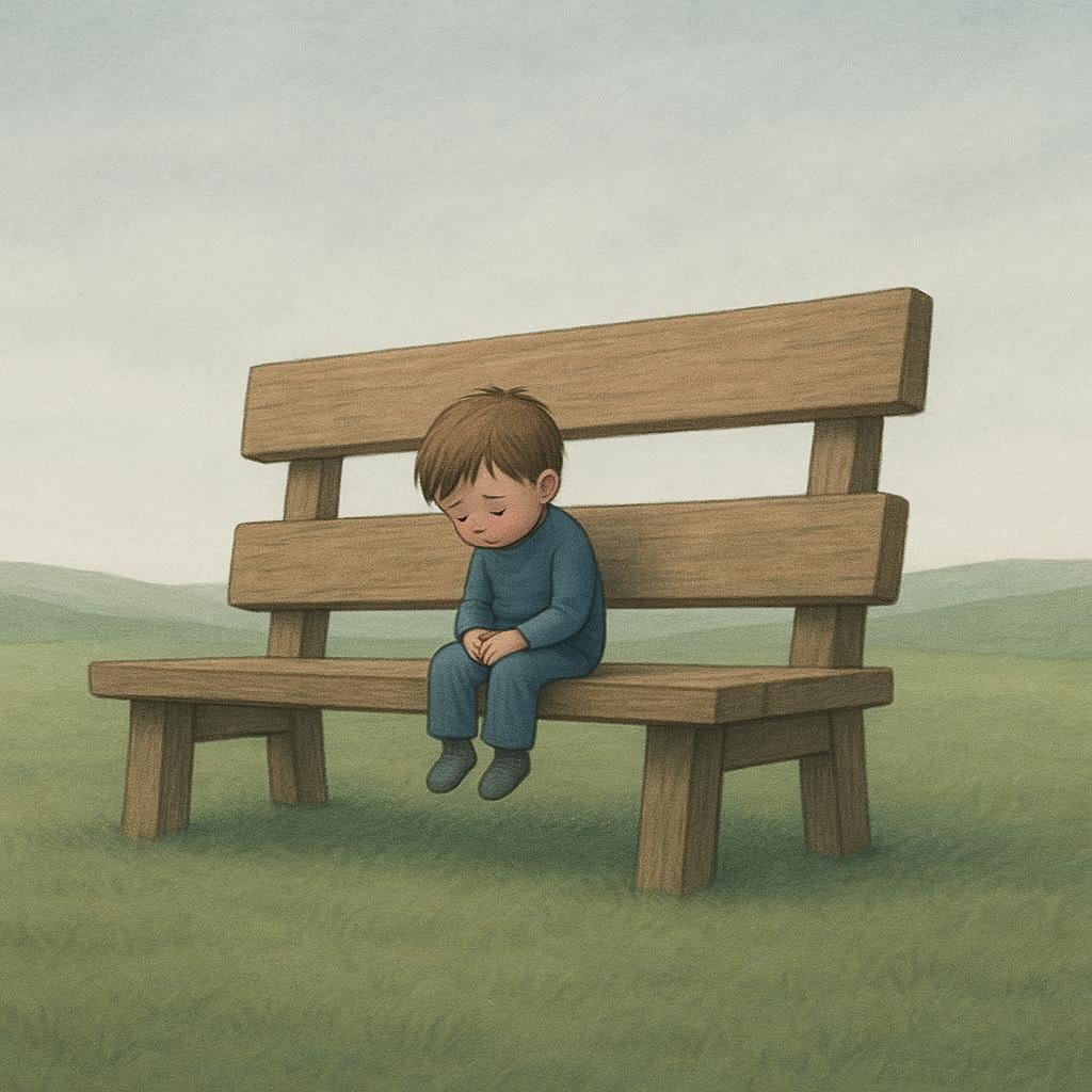 A small child sitting alone on a large, empty wooden bench in a vast, muted green field, looking down sadly, symbolizing isolation.