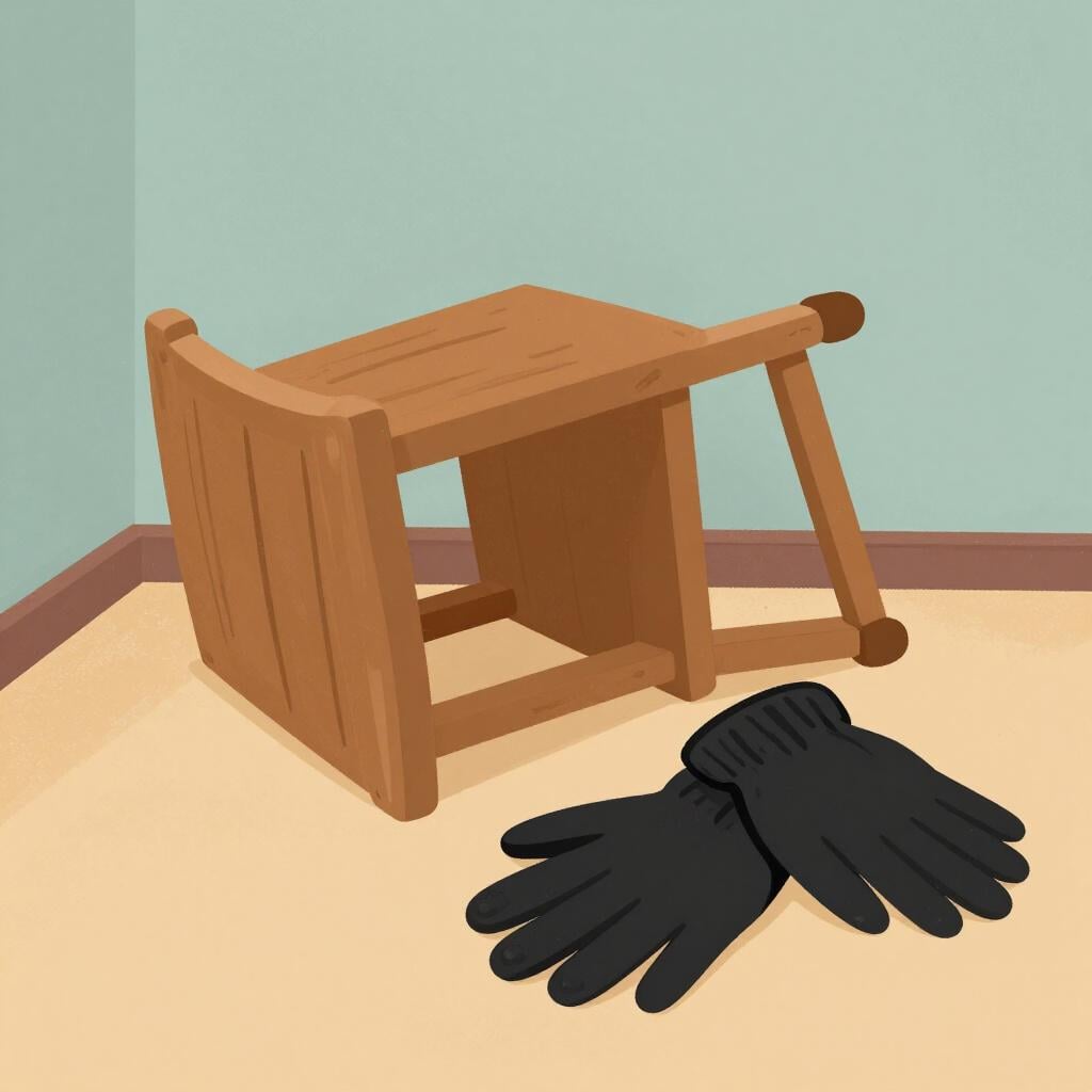 Um par de luvas e uma cadeira virada numa sala sombria.