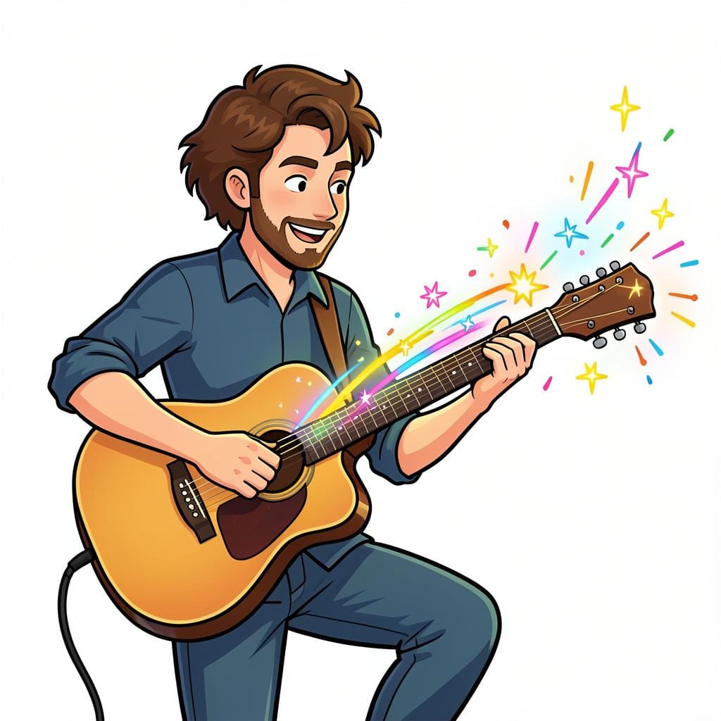 Een persoon die gitaar speelt met gloeiende energie en een juichende menigte op de achtergrond.