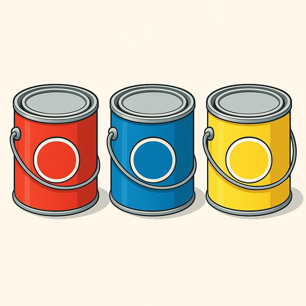 A collection of three different colored paint cans lined up on a surface: red, blue, and yellow.