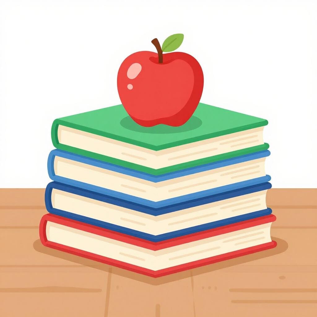 Een stapel kleurrijke schoolboeken en een glimmende rode appel op een bureau.