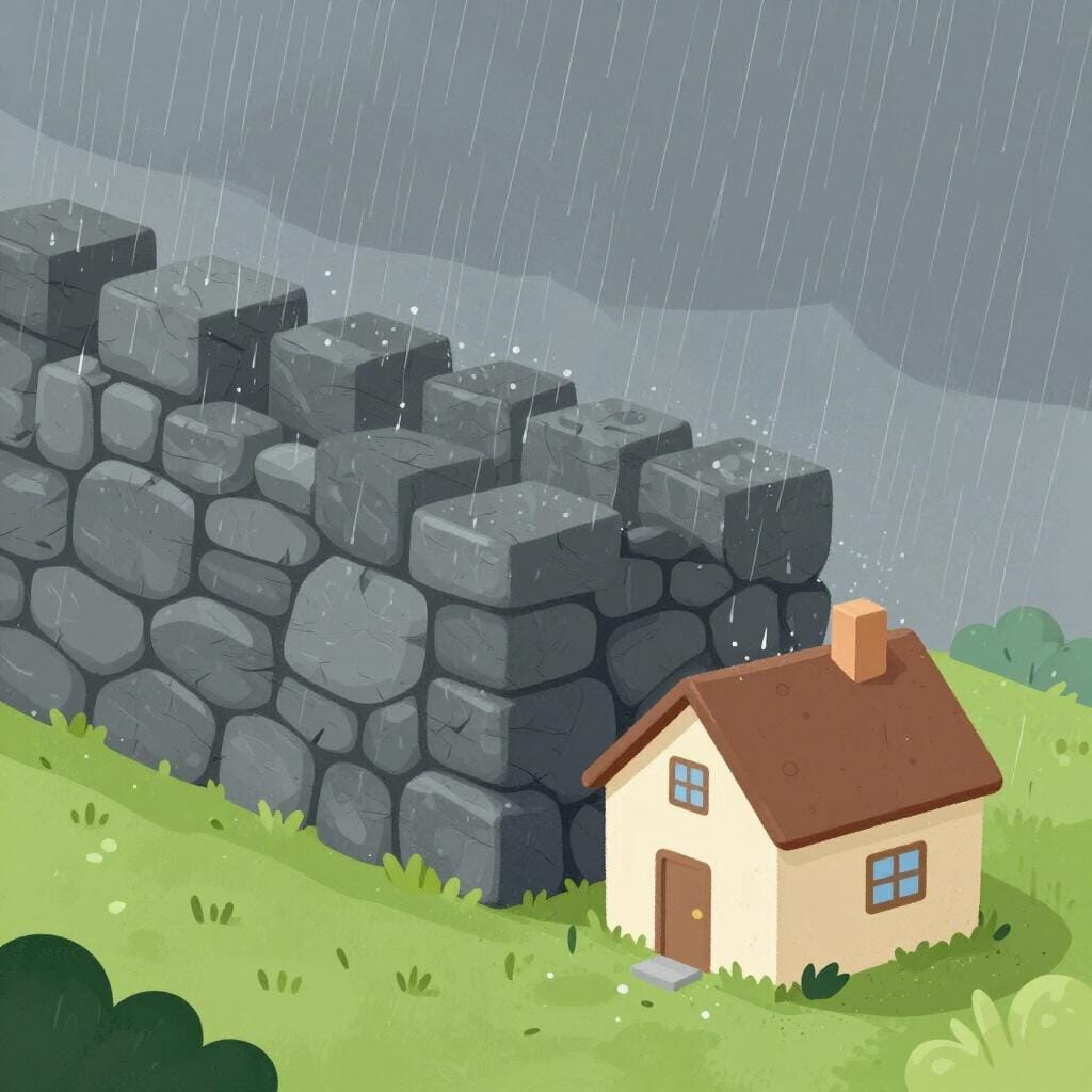 A large, thick stone wall protecting a small house from a heavy rainstorm.