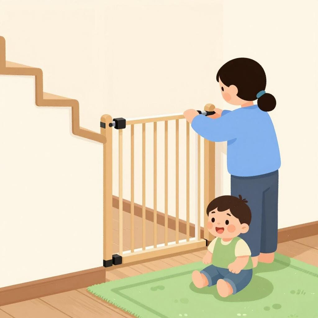 A person placing a sturdy wooden gate at the top of a staircase to keep a toddler safe.