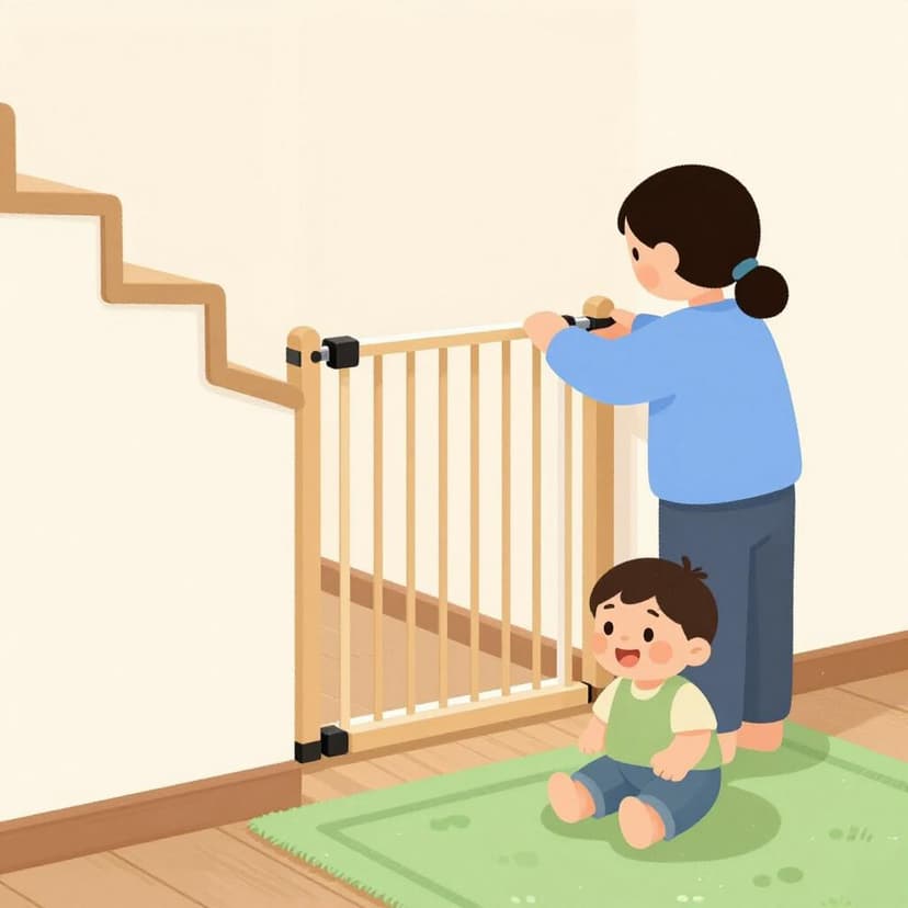 A person placing a sturdy wooden gate at the top of a staircase to keep a toddler safe.