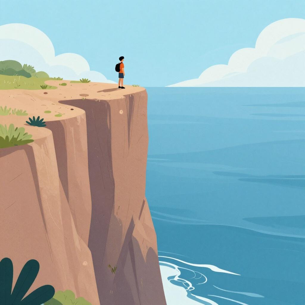 A person standing safely back from the edge of a very high cliff overlooking the sea.
