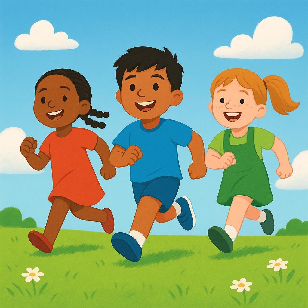 A colorful illustration showing three happy children running toward the viewer across a bright green field, symbolizing movement toward a command giver.