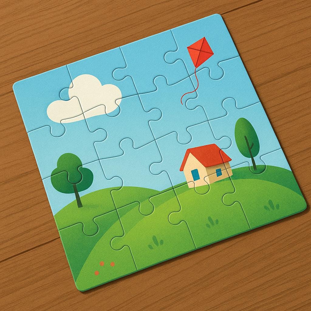 A colorful, fully completed jigsaw puzzle resting on a wooden table, symbolizing a problem that has been solved.