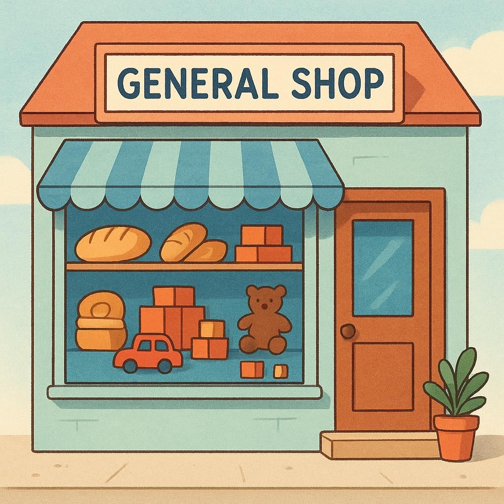 A brightly colored, simple illustration of the exterior of a small, inviting general store with a prominent display window showing various stylized items.