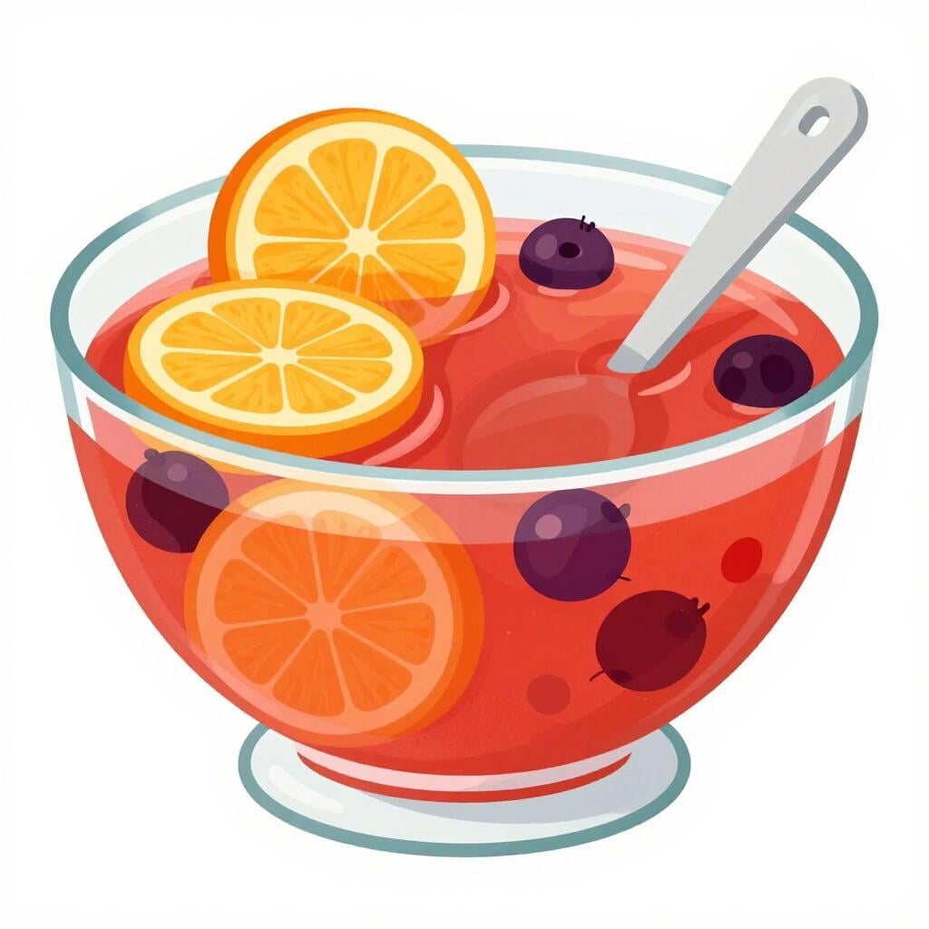 Uma tigela grande de vidro cheia de ponche de frutas vermelho, com rodelas de laranja flutuando e uma concha.