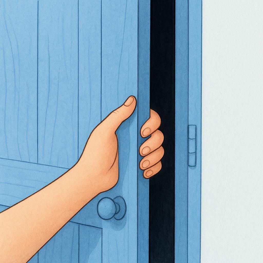 A close-up view of a human hand pulling open a simple, slightly ajar blue wooden door, illustrating the completed action of opening.