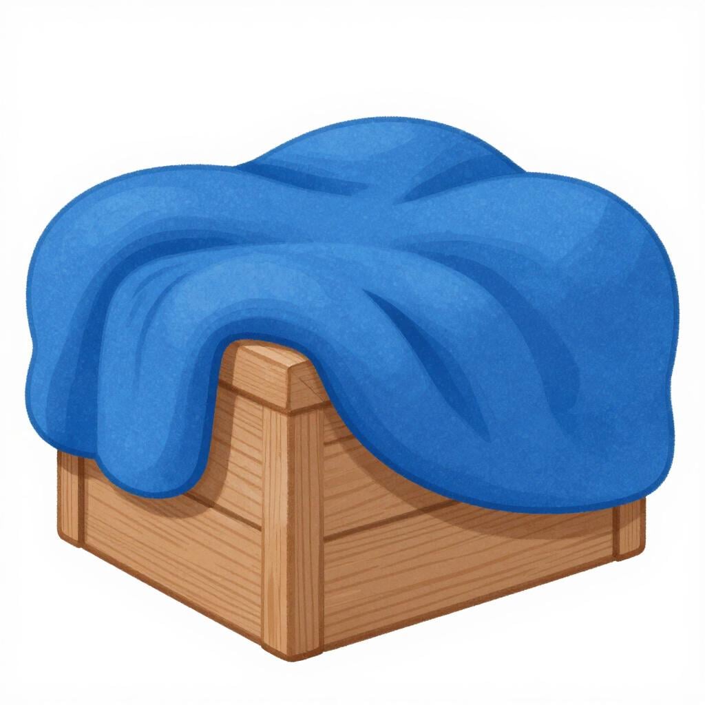 A wooden crate wrapped in a thick, colorful wool blanket.