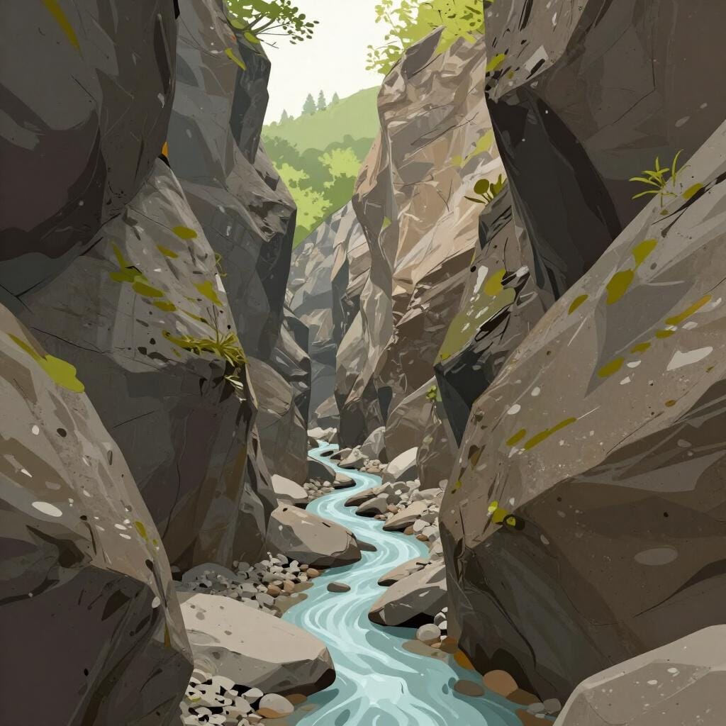 A deep, narrow gorge with steep rocky walls and a small stream at the bottom.