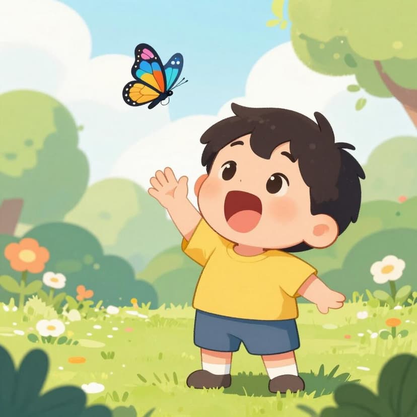 Un bambino in piedi in un giardino con gli occhi spalancati e la bocca aperta, le mani alzate per l'eccitazione mentre scopre una farfalla luminosa.