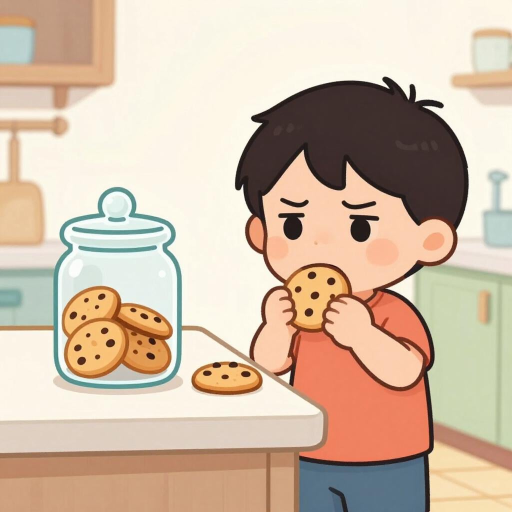 A mischievous child caught with their hand in a cookie jar, crumbs on their face.