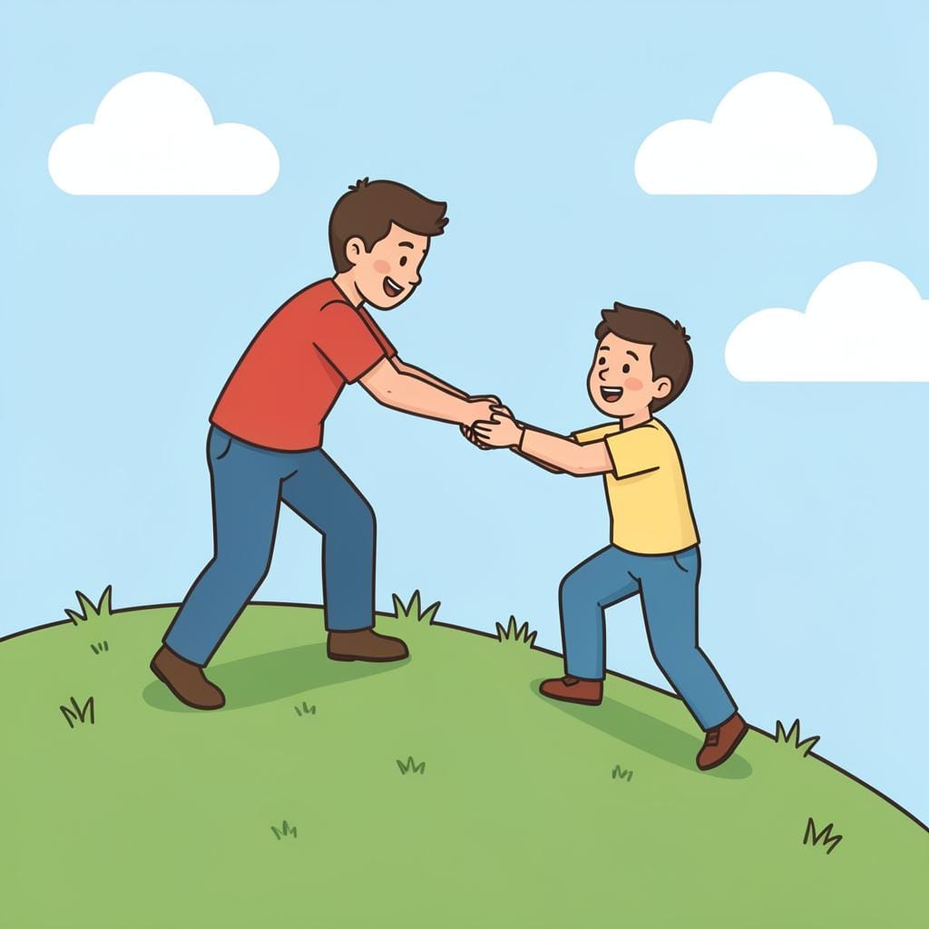 A person helping another person climb up a small hill by offering a hand.
