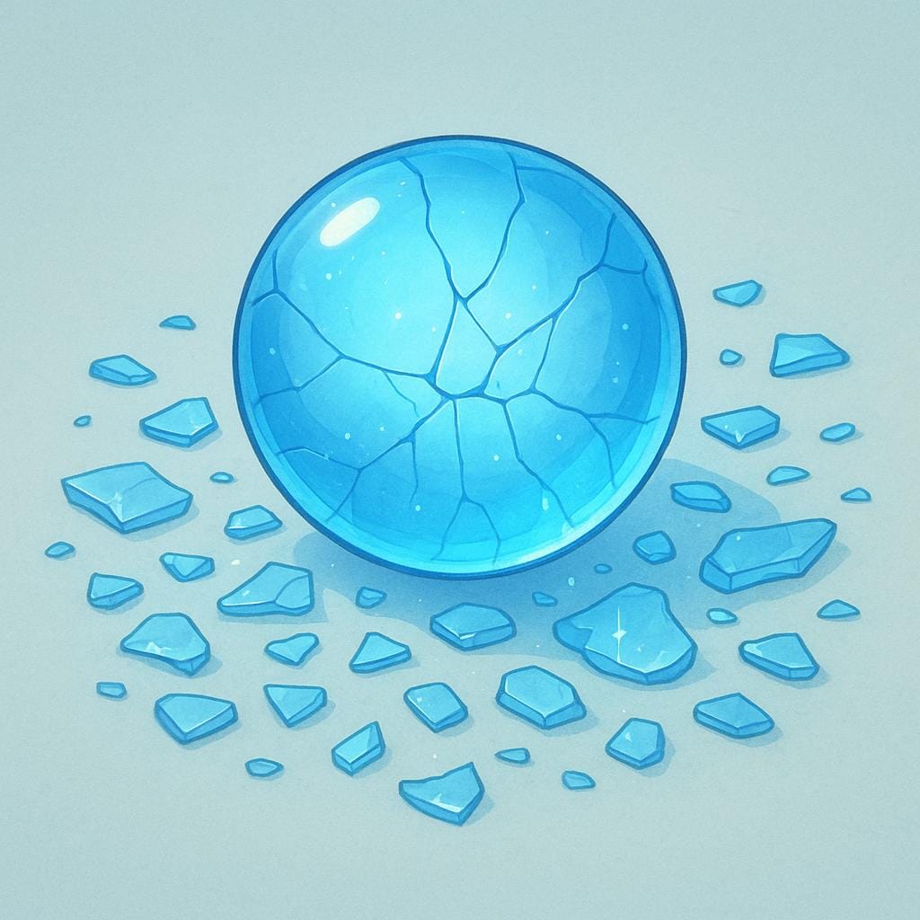 A beautiful, delicate, glowing blue glass sphere lying on a surface, cracked and shattered into many small pieces, symbolizing broken hopes.