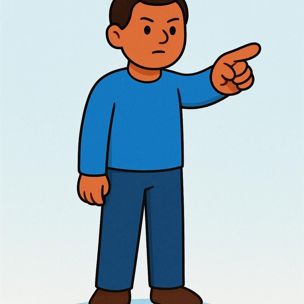 A person standing upright, pointing a finger decisively forward as if issuing a direct order.