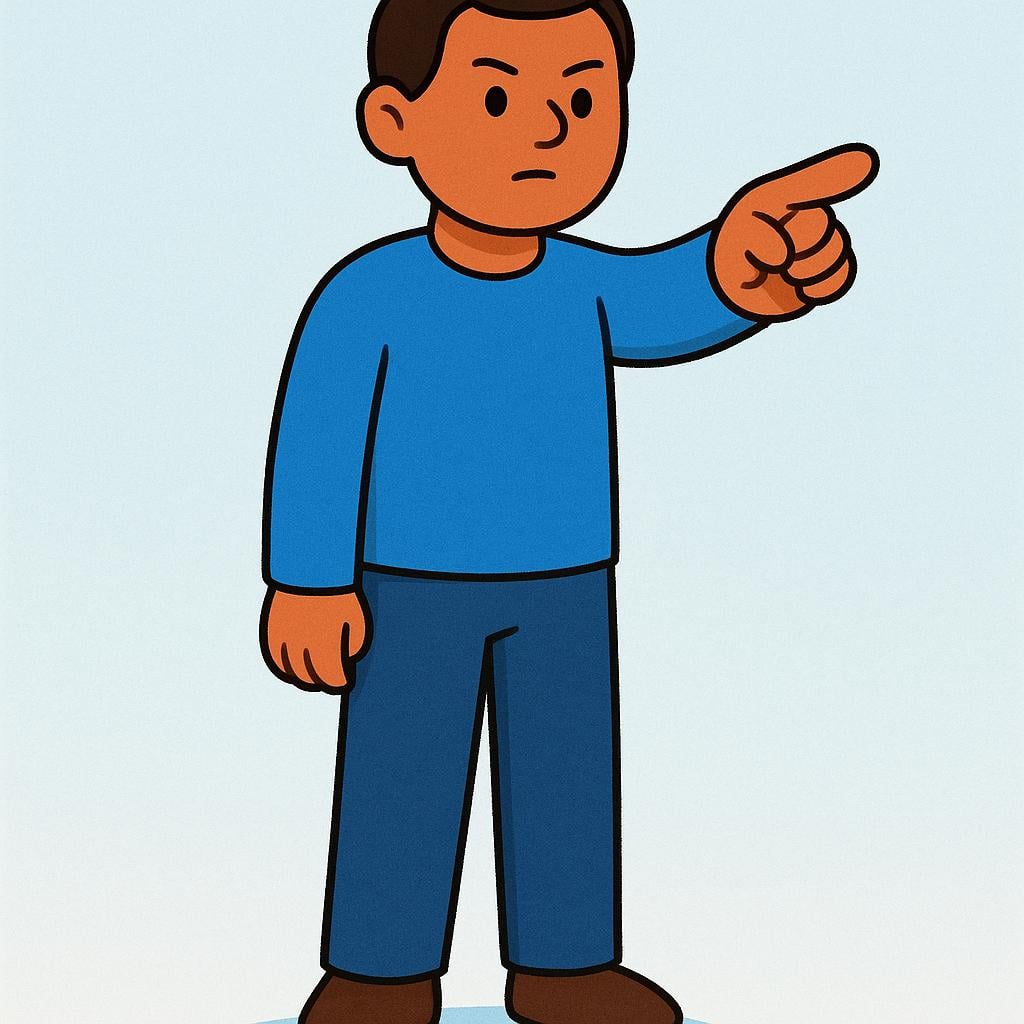 A person standing upright, pointing a finger decisively forward as if issuing a direct order.