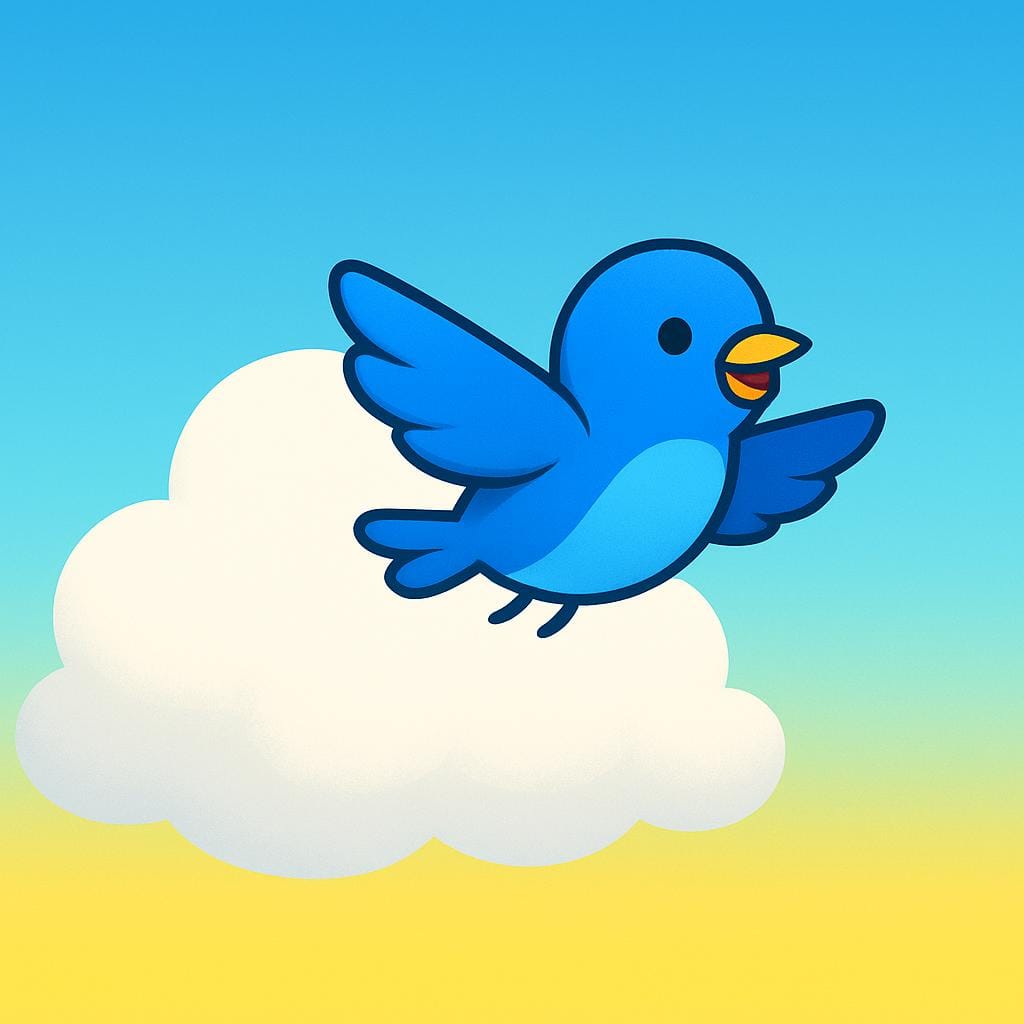 A small, vivid blue bird suddenly emerging from behind a large, fluffy white cloud in a bright, colorful sky.