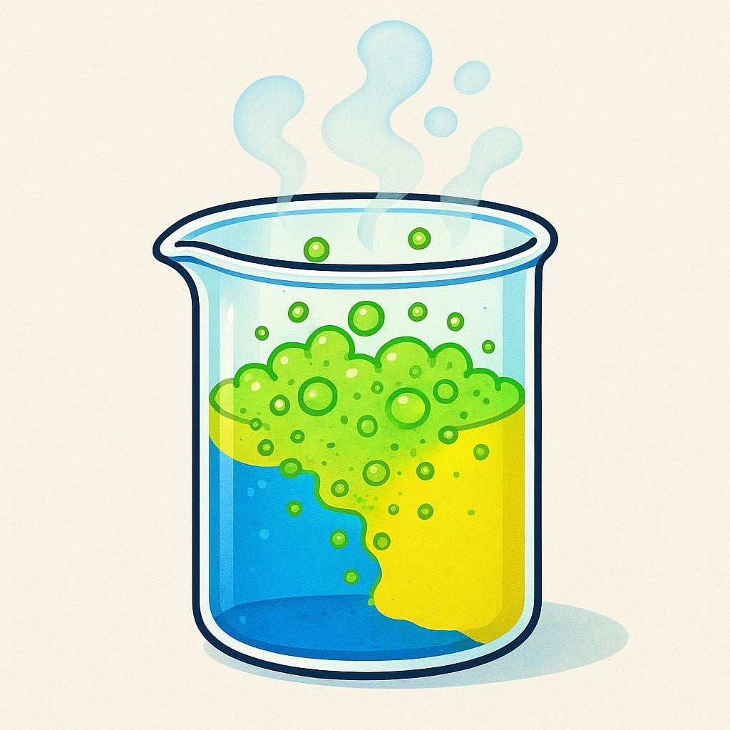 A colorful illustration of two liquids mixing inside a glass beaker, causing a bubbling chemical reaction and changing color.