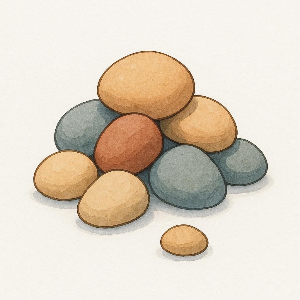 A colorful storybook illustration of a small pile of smooth, rounded pebbles of various earthy colors.