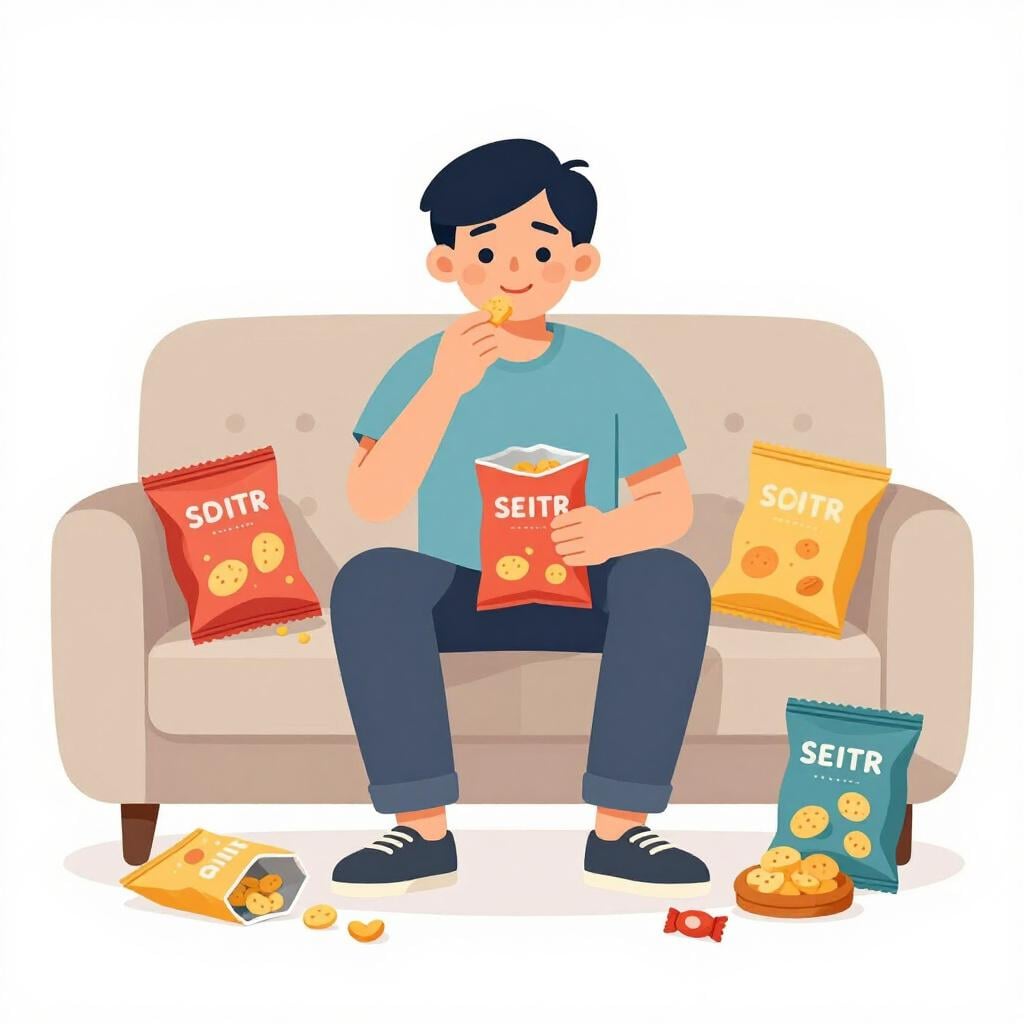 A colorful storybook illustration of a person sitting on a sofa, surrounded by empty snack bags and candy wrappers.