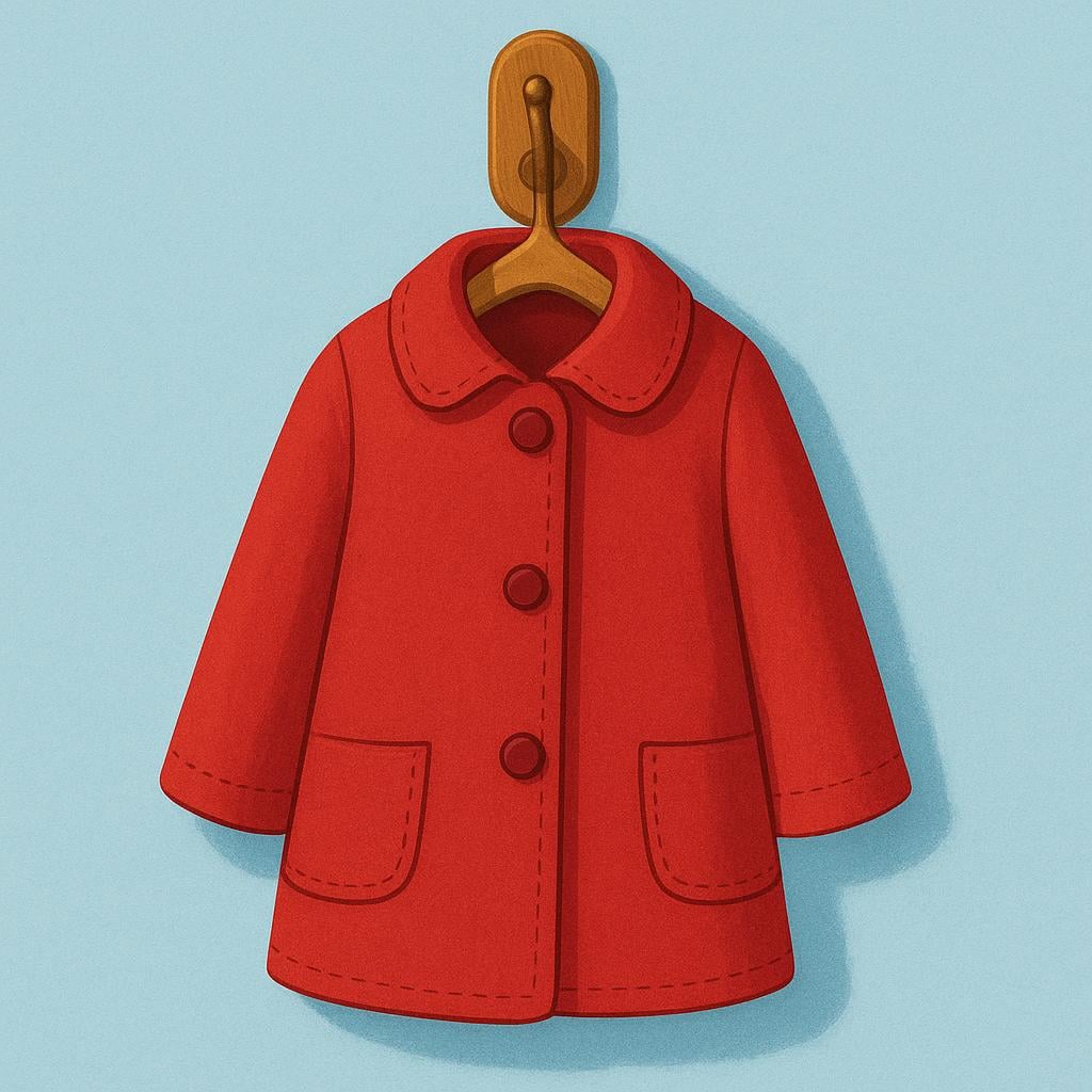 A bright red coat is suspended from a hook on a coat rack.