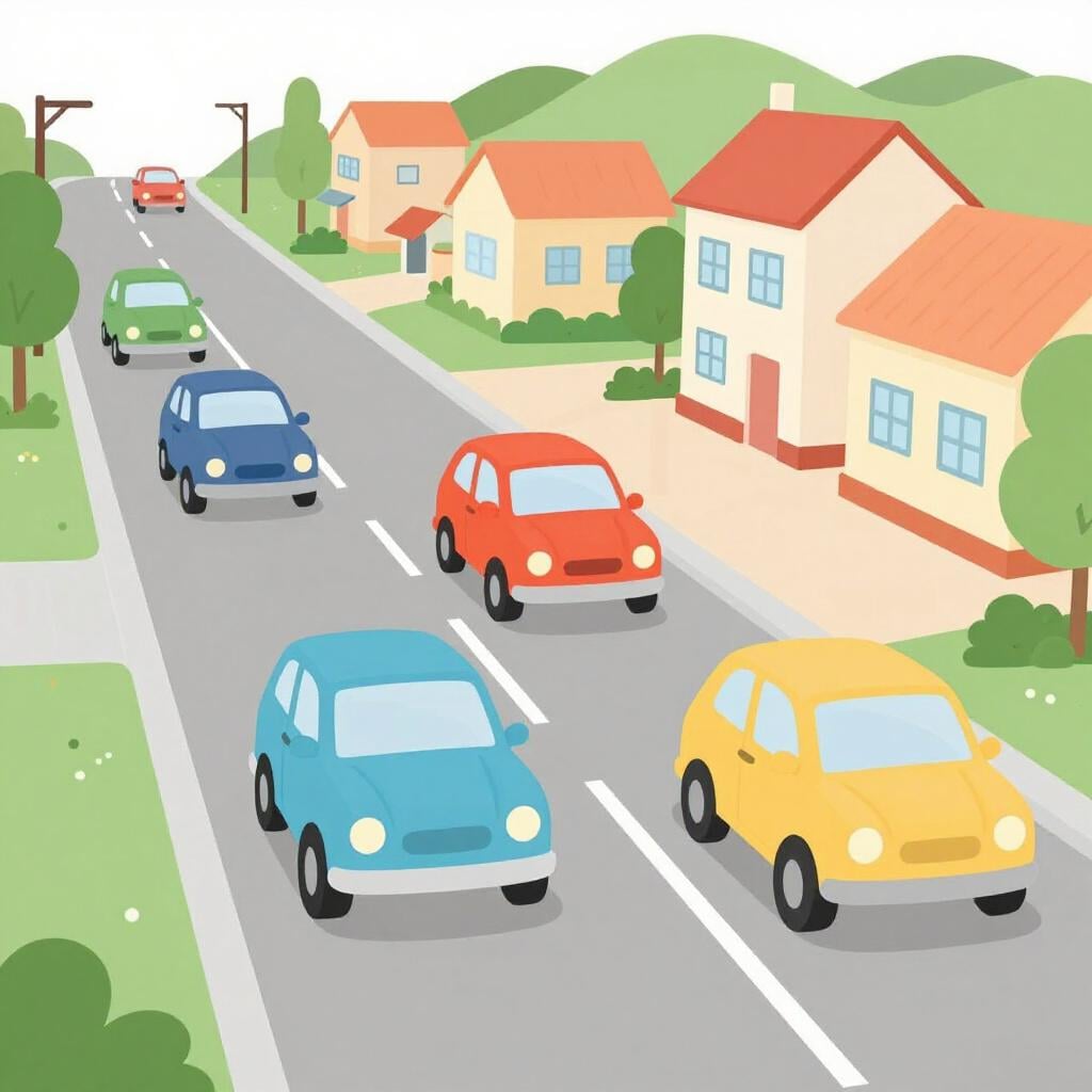 A row of colorful cars driving along a winding city street with green trees.