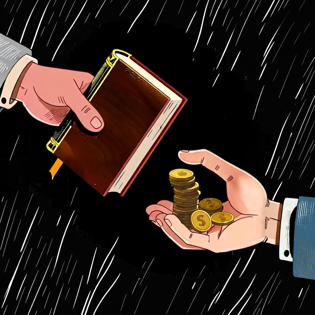 Une main donnant un livre à une autre main, qui rend de l'argent en retour, illustrant 'por' pour un échange.