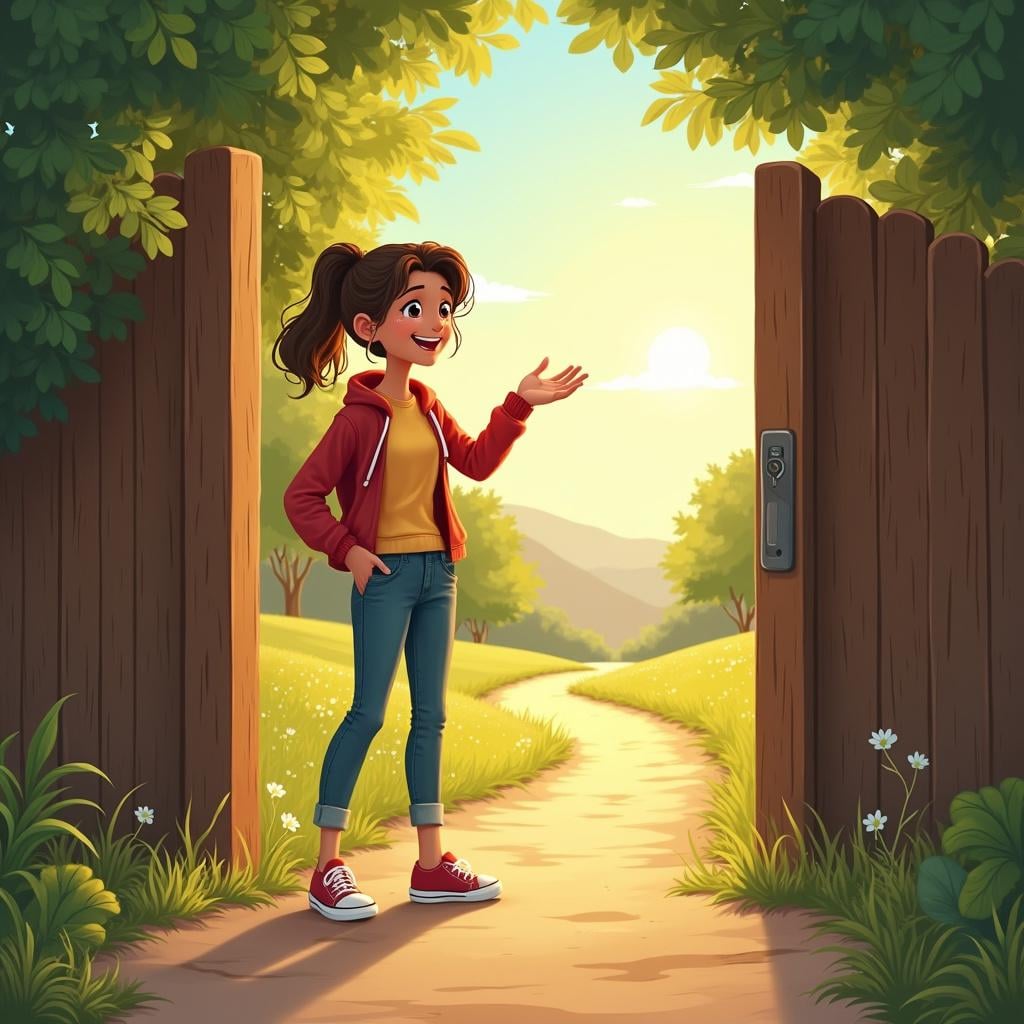 A kind guide standing at the entrance of a brightly lit path, extending an open hand toward a figure approaching from the distance, illustrating the command 'come'.