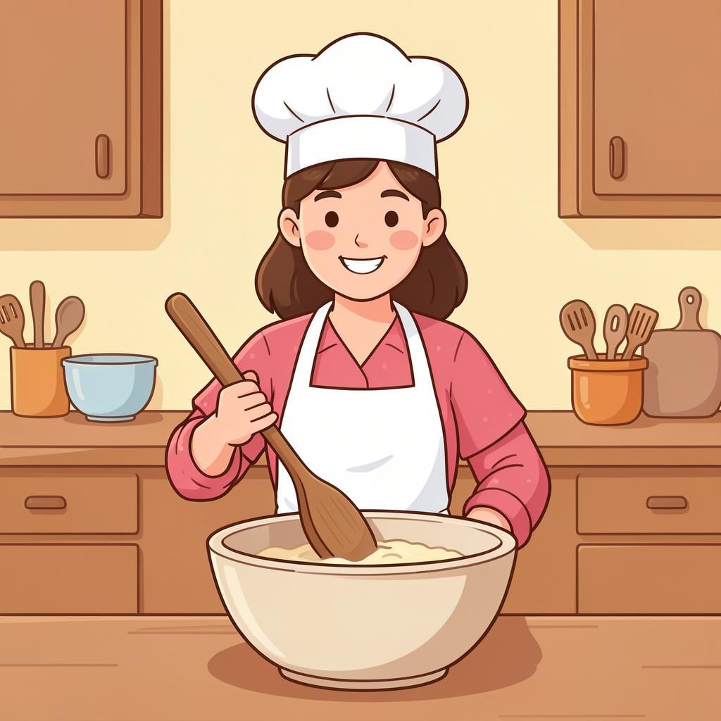 A friendly woman wearing an apron and a chef's hat, holding a wooden spoon and a mixing bowl.
