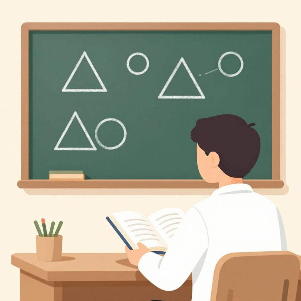 Ein Mann sitzt an einem Schreibtisch mit einem Stapel Bücher und blickt nachdenklich auf eine Tafel voller geometrischer Zeichnungen.