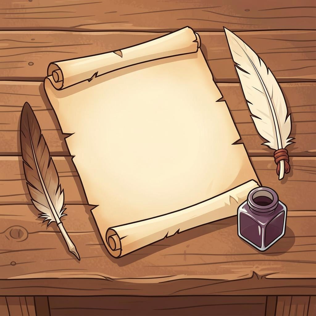 An old scroll with a feather quill resting on a wooden desk.