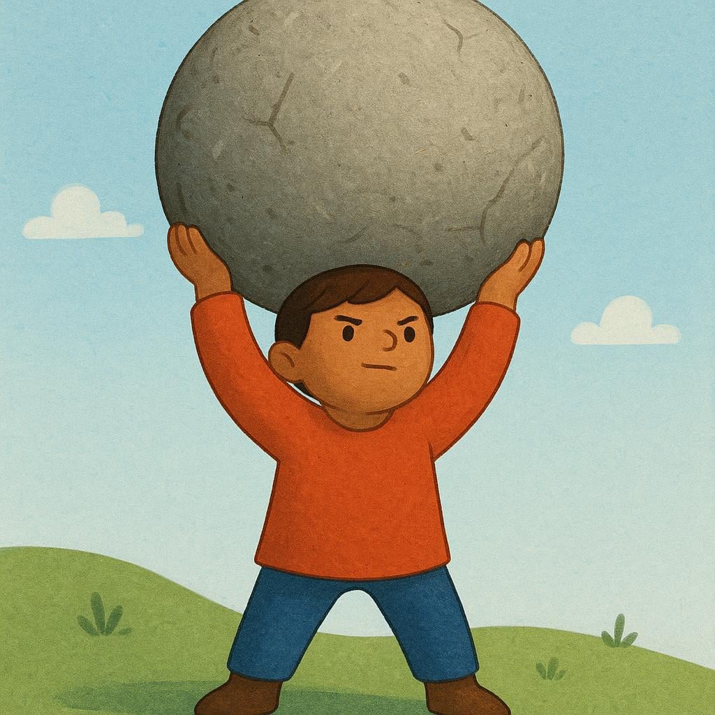 A simplified illustration of a strong figure using their hands to hold up a massive, heavy, round stone above their head.