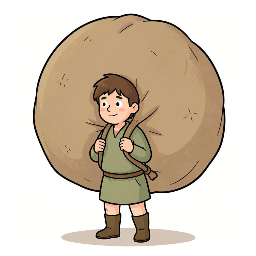 A small figure carrying a massive, oversized sack on their back.