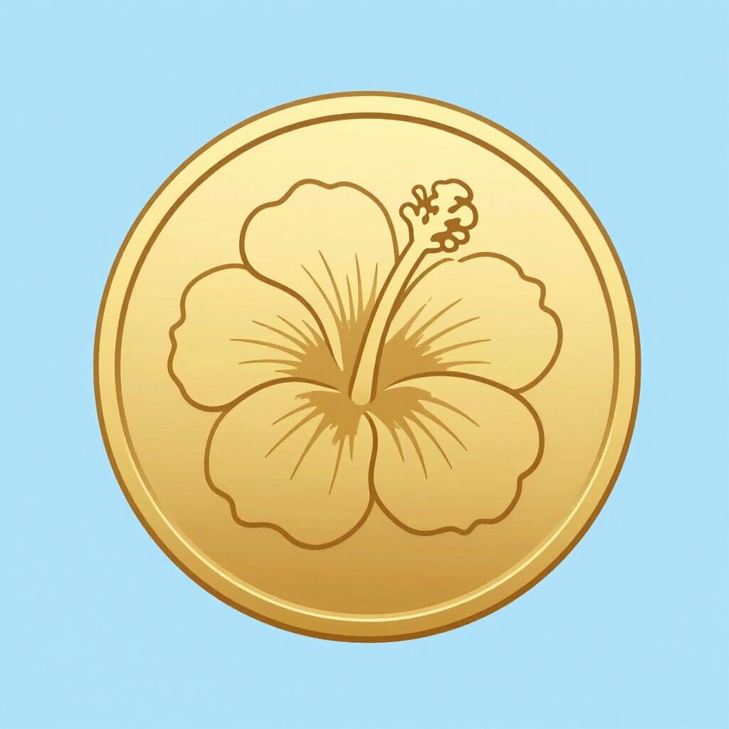 A shiny gold coin featuring a traditional Korean hibiscous flower design.