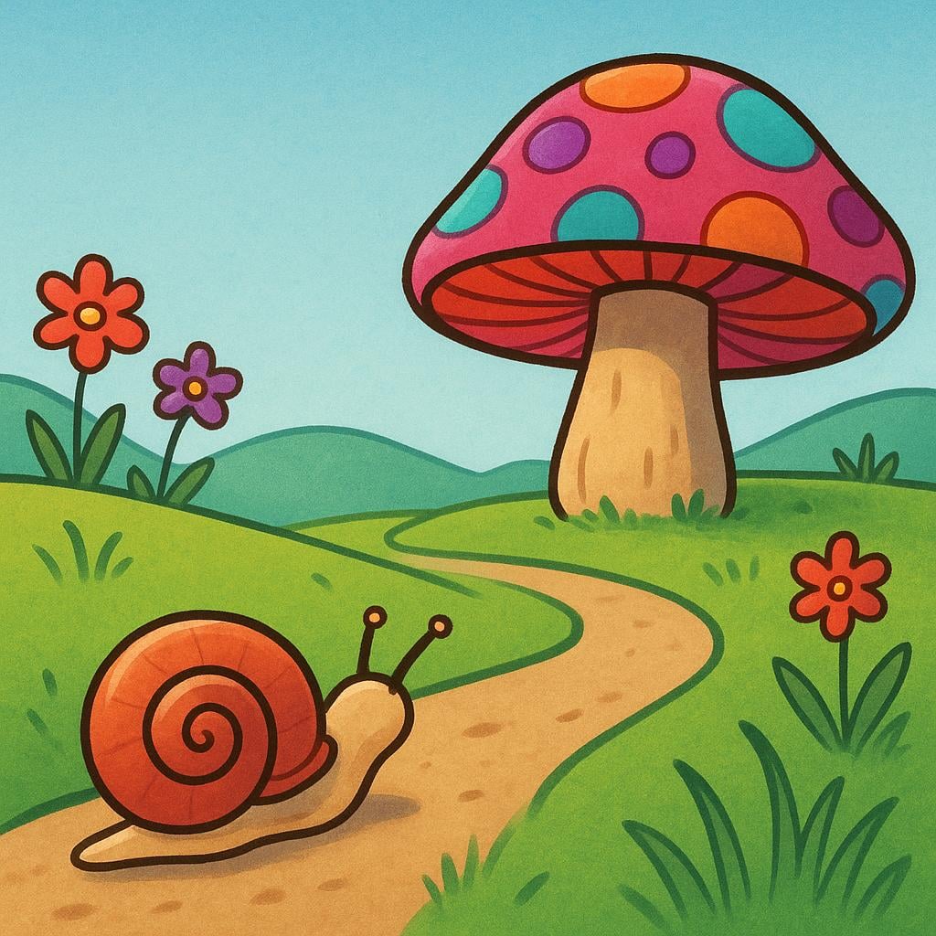 A small snail is moving very slowly across a dirt path toward a brightly colored red and white spotted mushroom, emphasizing the length of the journey.