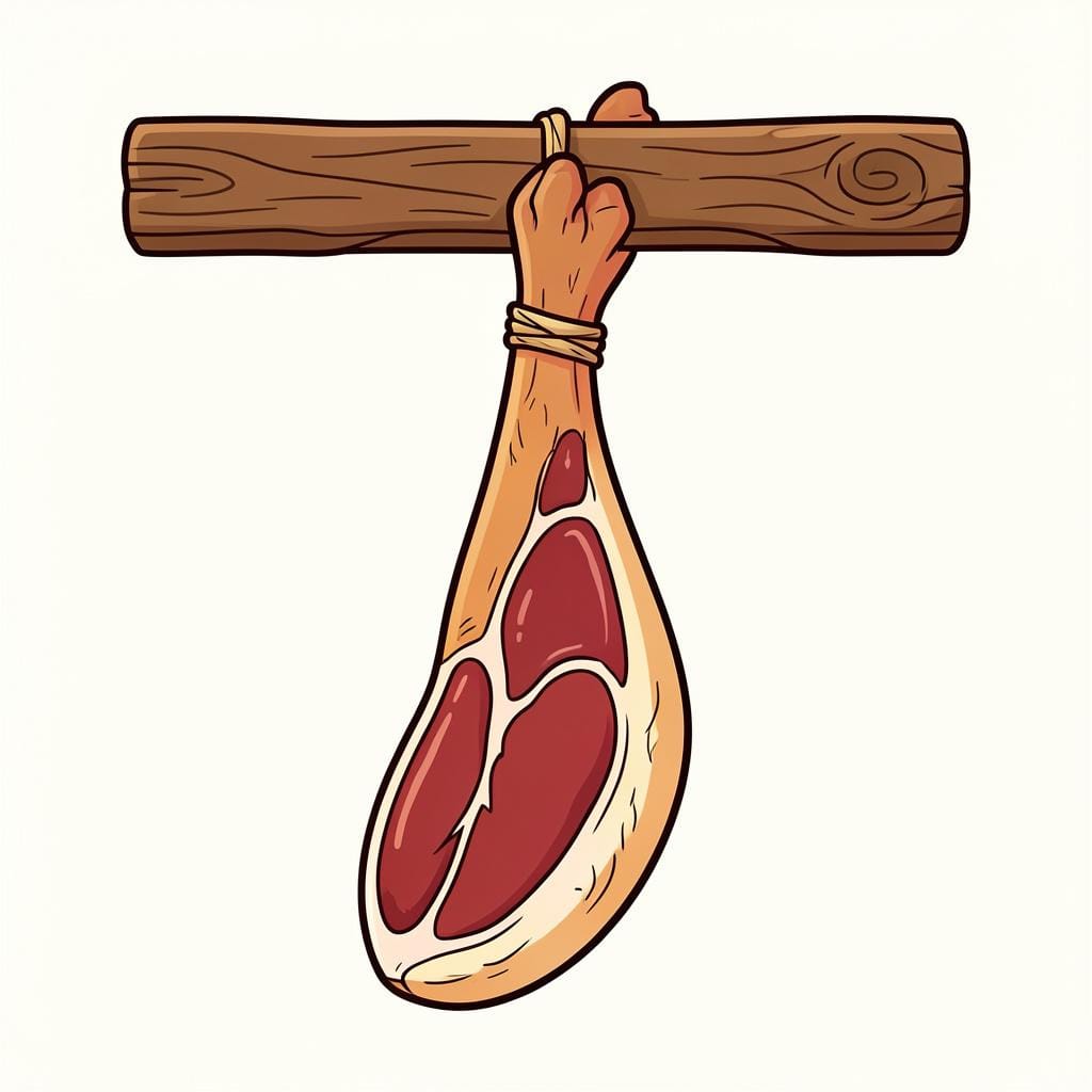 A large leg of ham hanging by a rope against a rustic wooden wall.