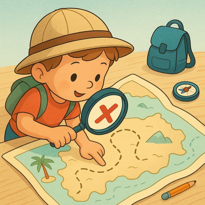 A small child dressed as an explorer uses a magnifying glass to clearly identify a red 'X' mark on a large, unfurled treasure map, indicating success in finding the location.