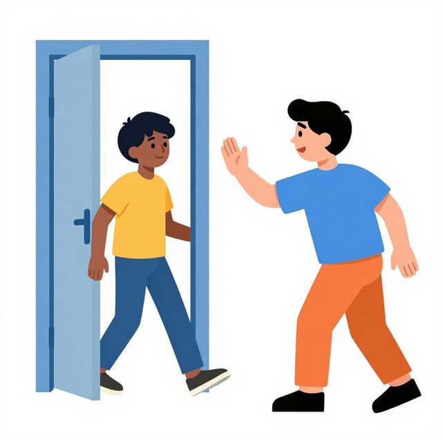 A friendly person leaning forward and gesturing toward a doorway to encourage a friend to enter.