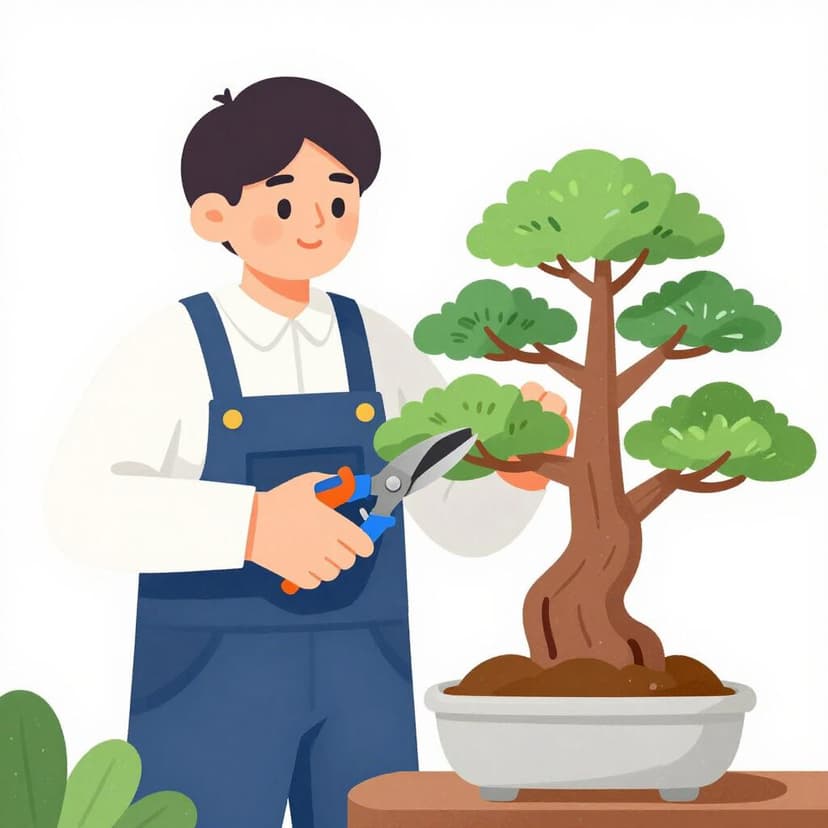 A gardener pruning a small bonsai tree to shape its growth.
