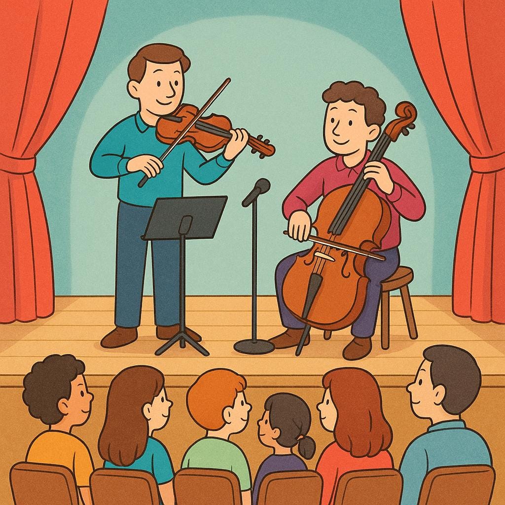 A small orchestra consisting of a violinist and a cellist performing on a brightly lit stage for a small, attentive audience.