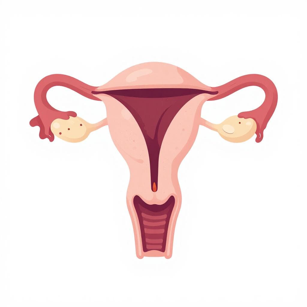 Une illustration médicale simple de l'utérus et des ovaires humains dans une palette de couleurs rose pâle et violet.