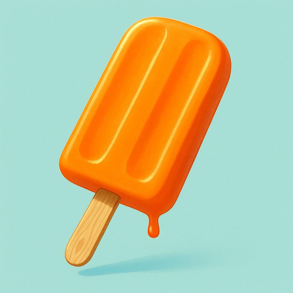 A bright orange, rectangular popsicle held by a wooden stick.