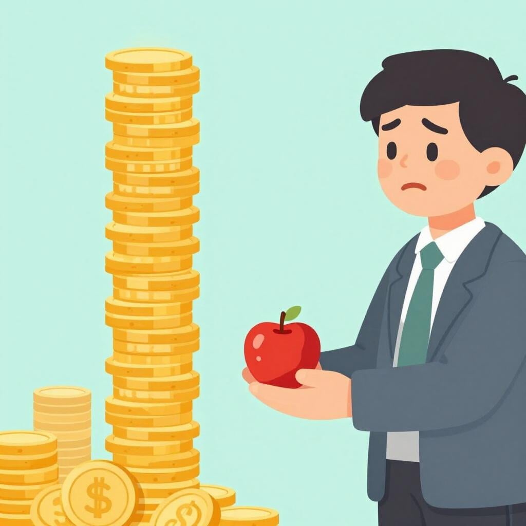 Una persona triste che tiene una singola mela mentre consegna una grande pila di monete d'oro.