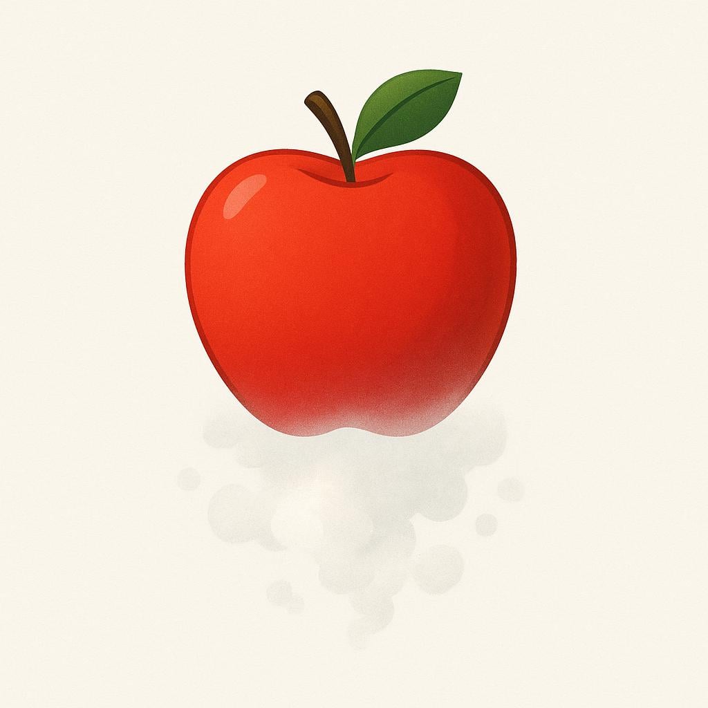 A simple, bright red apple hovering in the air, dissolving into a faint cloud of white smoke from the bottom up, illustrating disappearance.