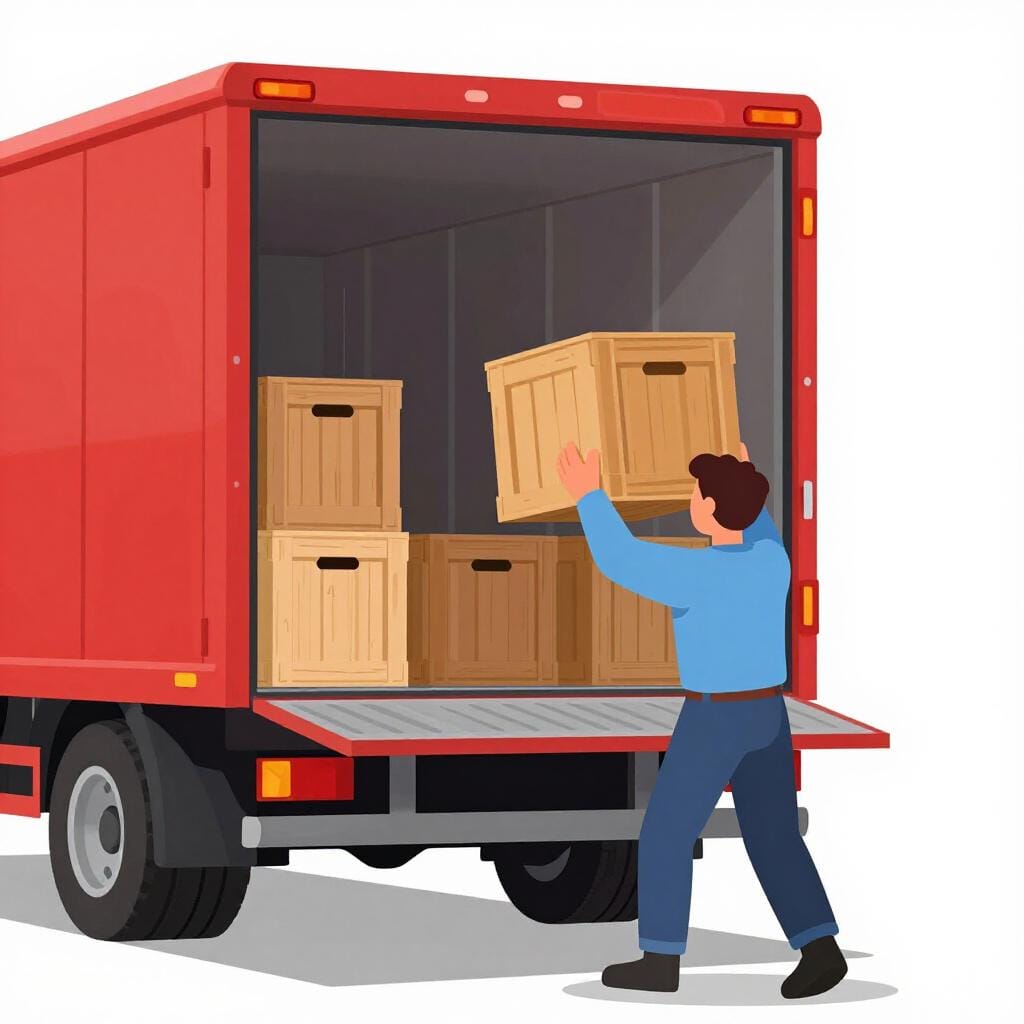 A person placing a wooden crate onto the back of a small red pickup truck.