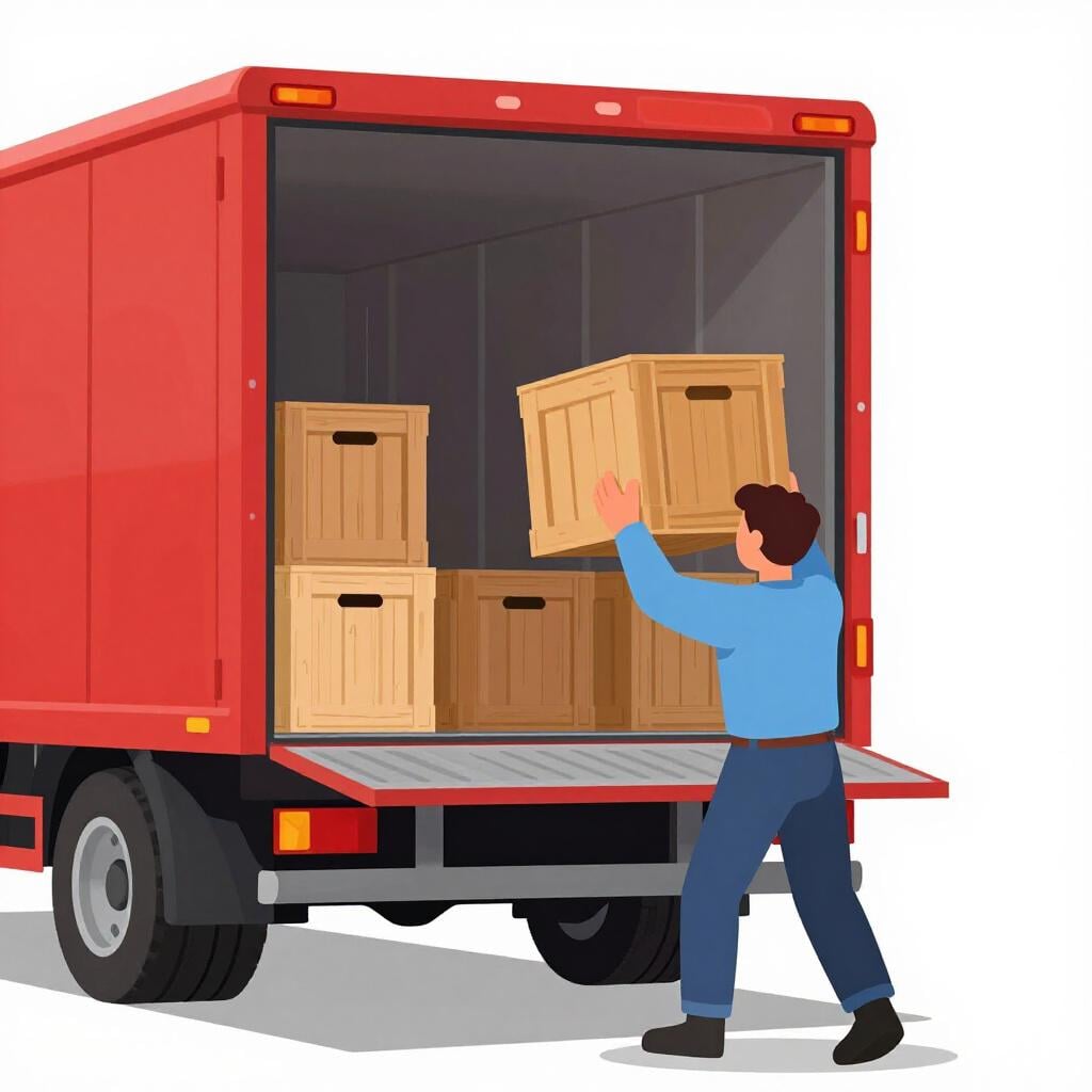 A person placing a wooden crate onto the back of a small red pickup truck.