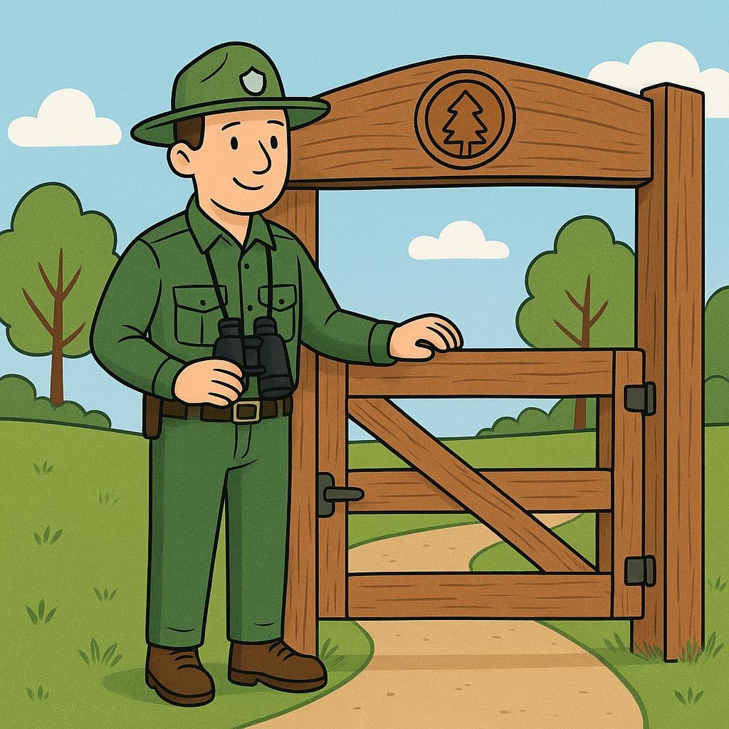A uniformed security guard stands attentively beside a large, locked gate.