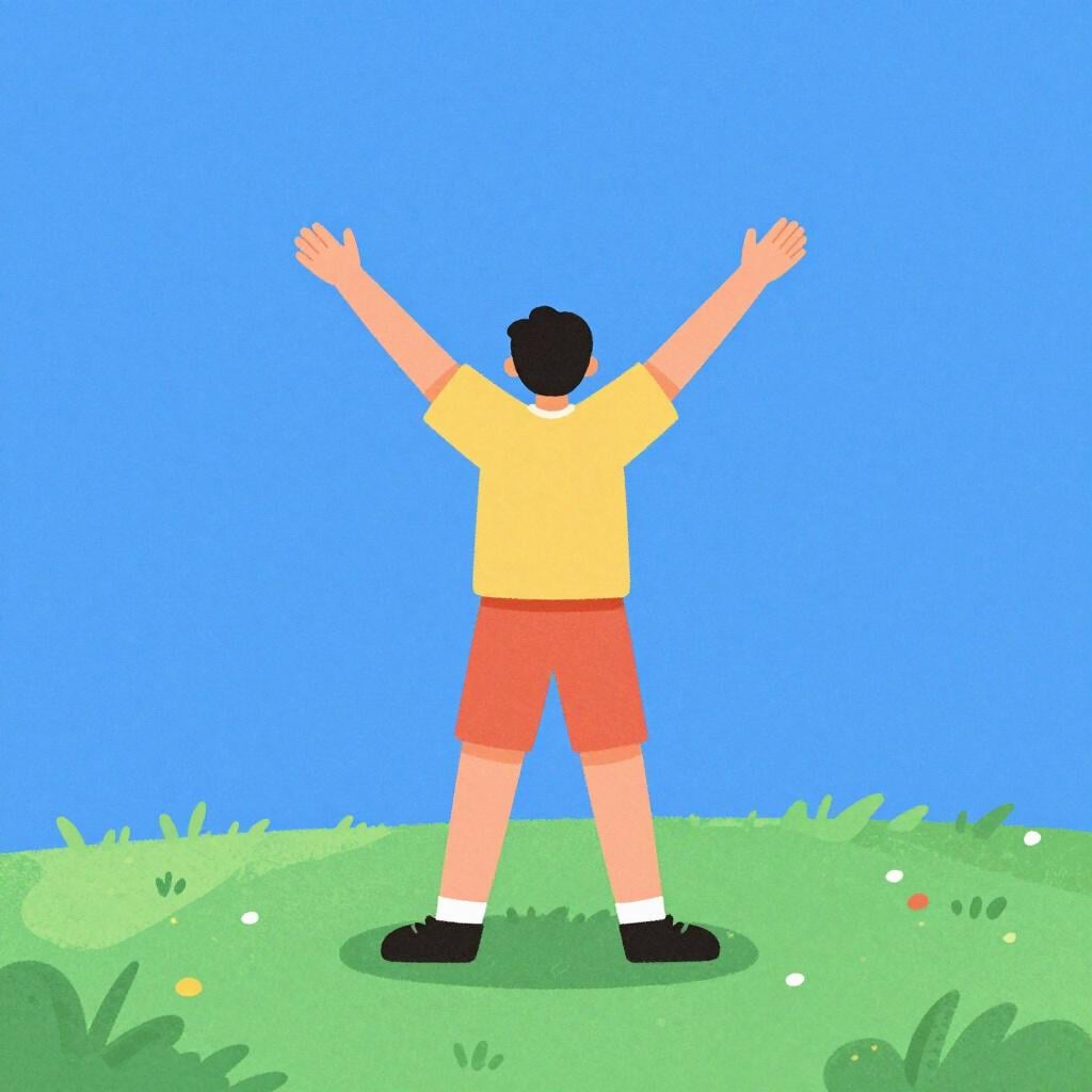 A person in colorful athletic wear stretching their arms wide and reaching for the sky in a bright park.
